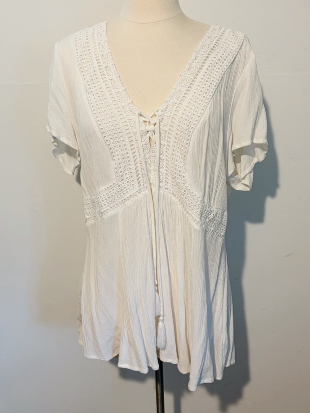 Torrid White Crochet Trim V-Neck Boho Top
